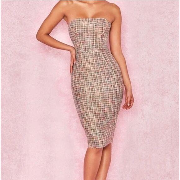 House of CB Dresses & Skirts - House of CB Gabrielle Tweed Multicolor Midi Dress Bodycon Small Strapless NWT